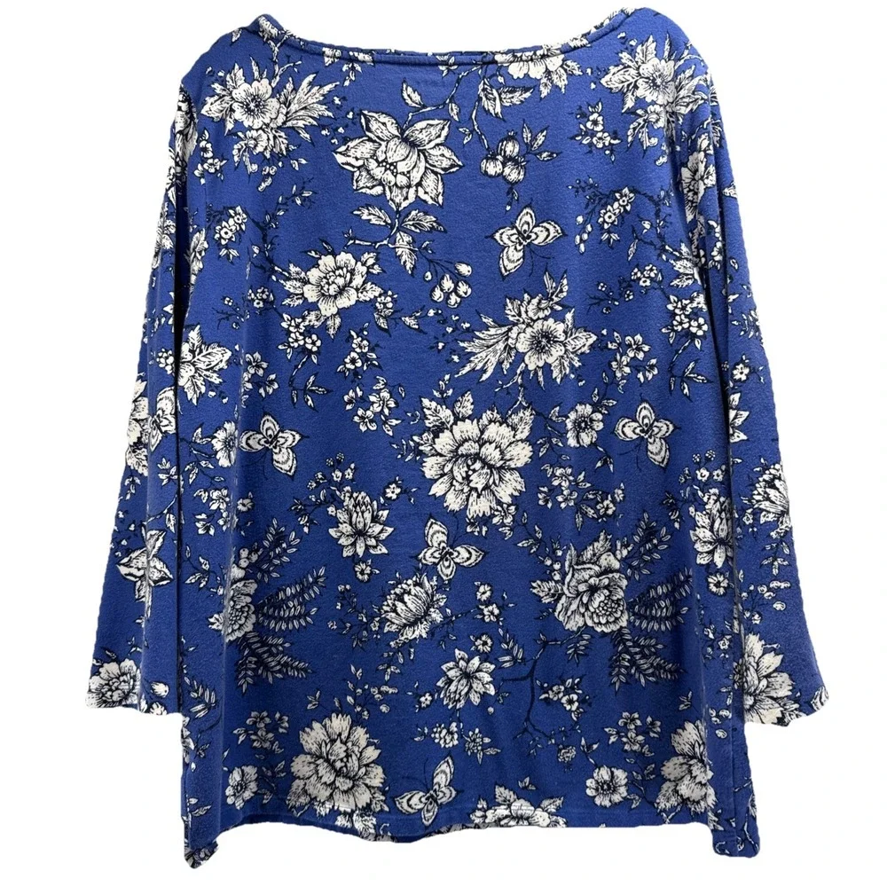 Talbots Women's Top Size XL Blue White Floral 3/4 Sleeves Cotton‎ Blend Pullover